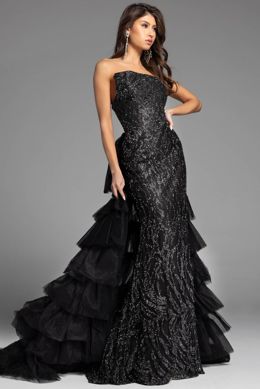 Jovani 26119 Long Prom Dress Strapless Fitted Glitter Tulle Layered  Over skirt Formal Pageant Gown