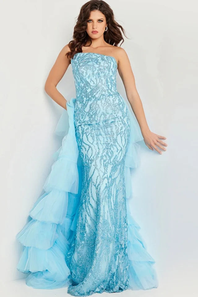 Jovani 26119 Long Prom Dress Strapless Fitted Glitter Tulle Layered  Over skirt Formal Pageant Gown