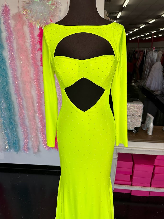 Johnathan Kayne 2639 Size 4 Neon Long Sleeve Fitted Cutout Formal Prom Dress Evening Gown Crystals