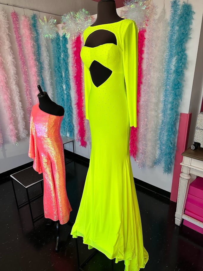 Johnathan Kayne 2639 Size 4 Neon Long Sleeve Fitted Cutout Formal Prom Dress Evening Gown Crystals