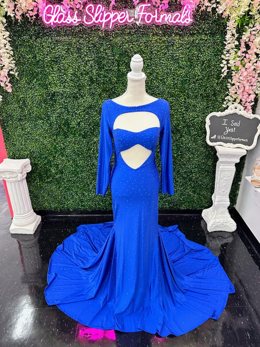 Johnathan Kayne 2639 Size 4 Royal Long Sleeve Fitted Cutout Formal Prom Dress Evening Gown Crystals