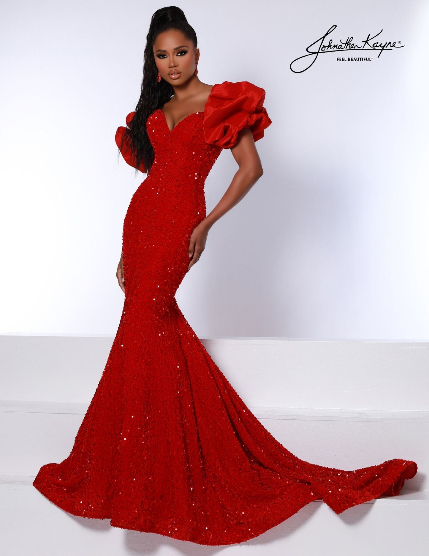 Johnathan Kayne 2641 Size 6 Ruby Long Velvet Sequin Mermaid Prom Dress Puff Sleeve Pageant Gown