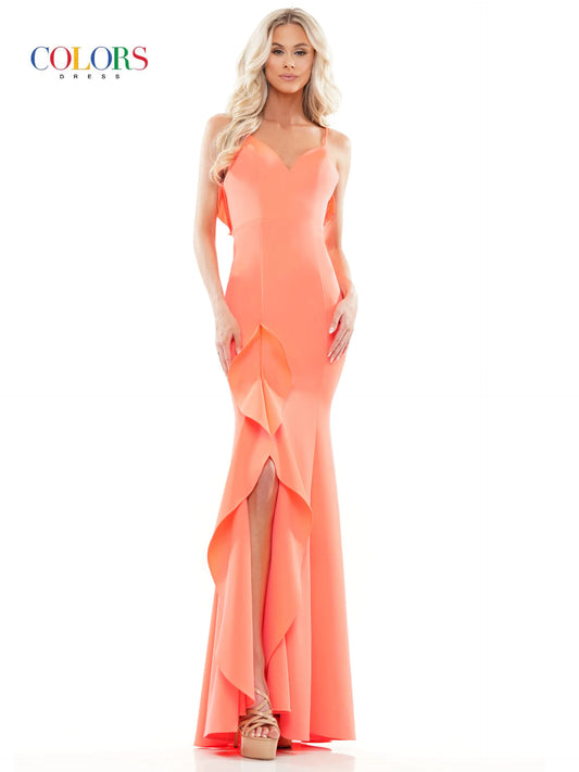 Experience elegance and sophistication with the Colors Dress 2646 Long Prom Dress. The V-neck design and spaghetti straps accentuate your natural curves, while the ruffled detailing adds a touch of femininity. Made of high-quality jersey fabric, this gown offers both comfort and style for your formal or pageant event.