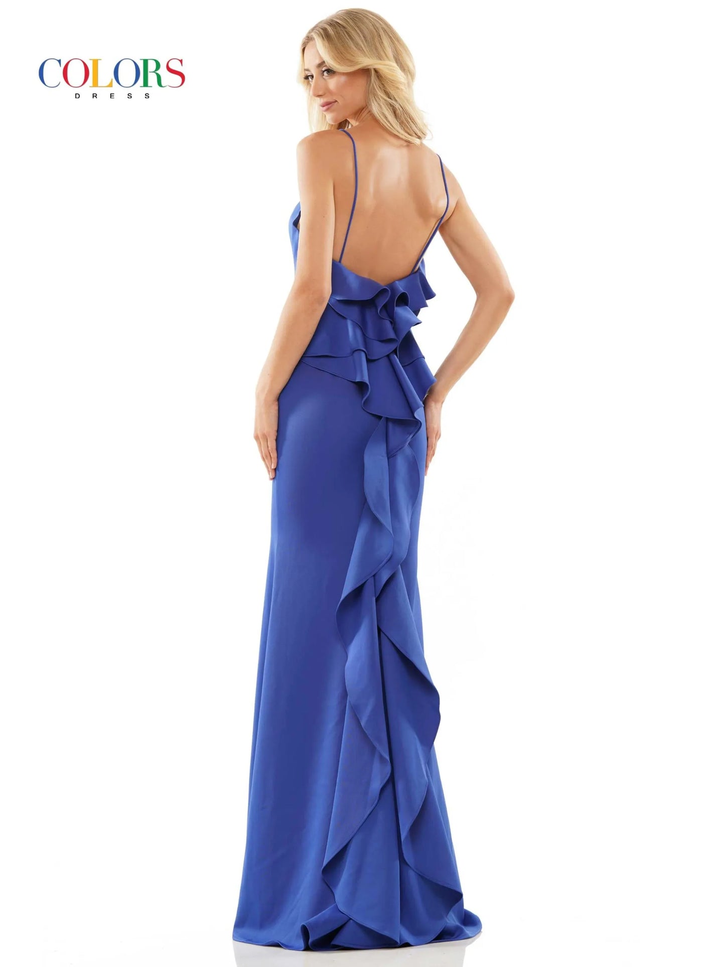 Experience elegance and sophistication with the Colors Dress 2646 Long Prom Dress. The V-neck design and spaghetti straps accentuate your natural curves, while the ruffled detailing adds a touch of femininity. Made of high-quality jersey fabric, this gown offers both comfort and style for your formal or pageant event.