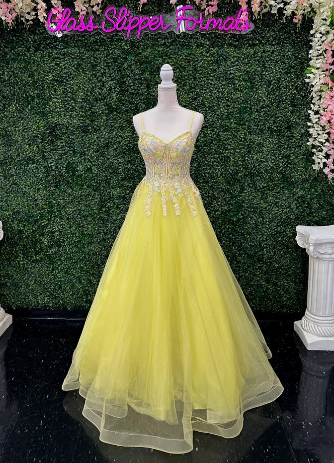 The Johnathan Kayne 2686 A-Line ballgown is perfect for your next special event. This size 4 dress is made with luxurious yellow lace and features stunning studded detailing on the corset. Experience unparalleled elegance and make a statement in this unforgettable ensemble.  Size: 4  Color: Yellow  *ONE OF A KIND