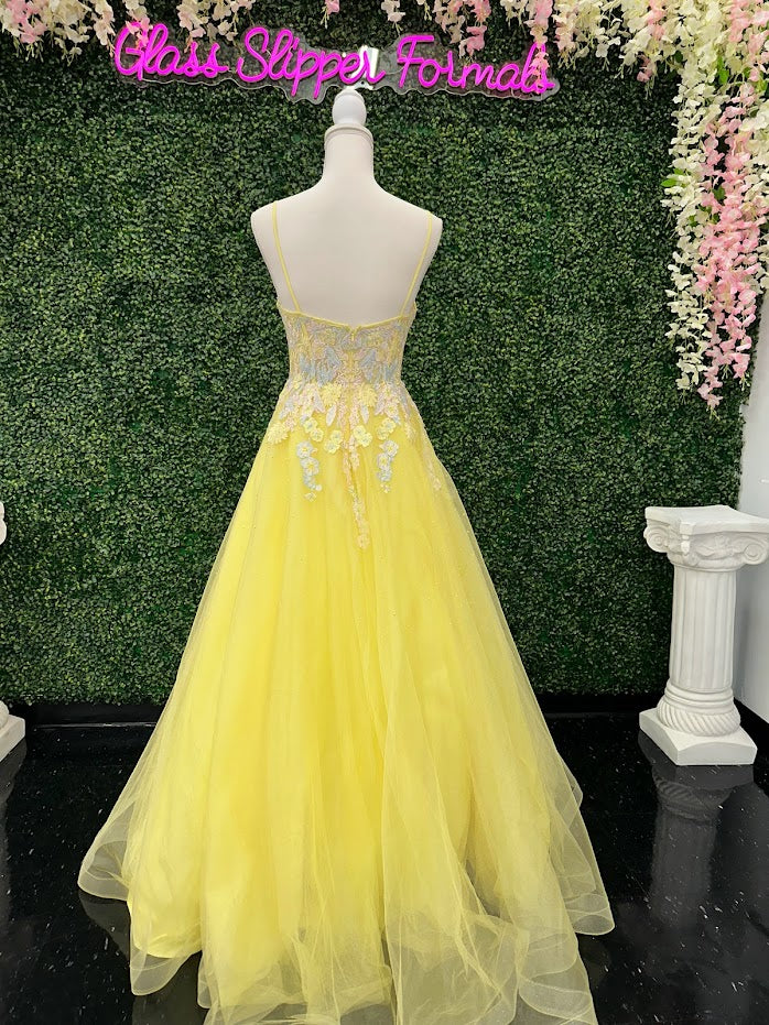 Johnathan Kayne 2686 Size 4 Yellow lace studded corset A Line Ballgown Prom Dress