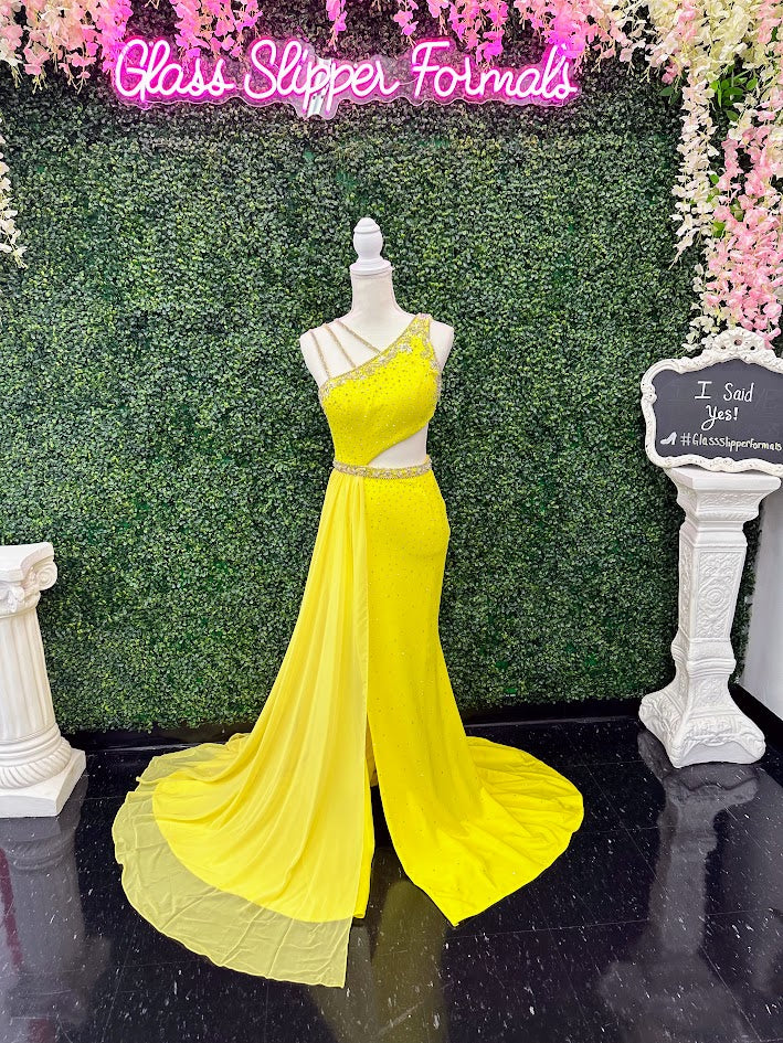 Johnathan Kayne 2688 Size 4 Canary Yellow Velvet Cape Cutout Pageant Dress Formal Gown