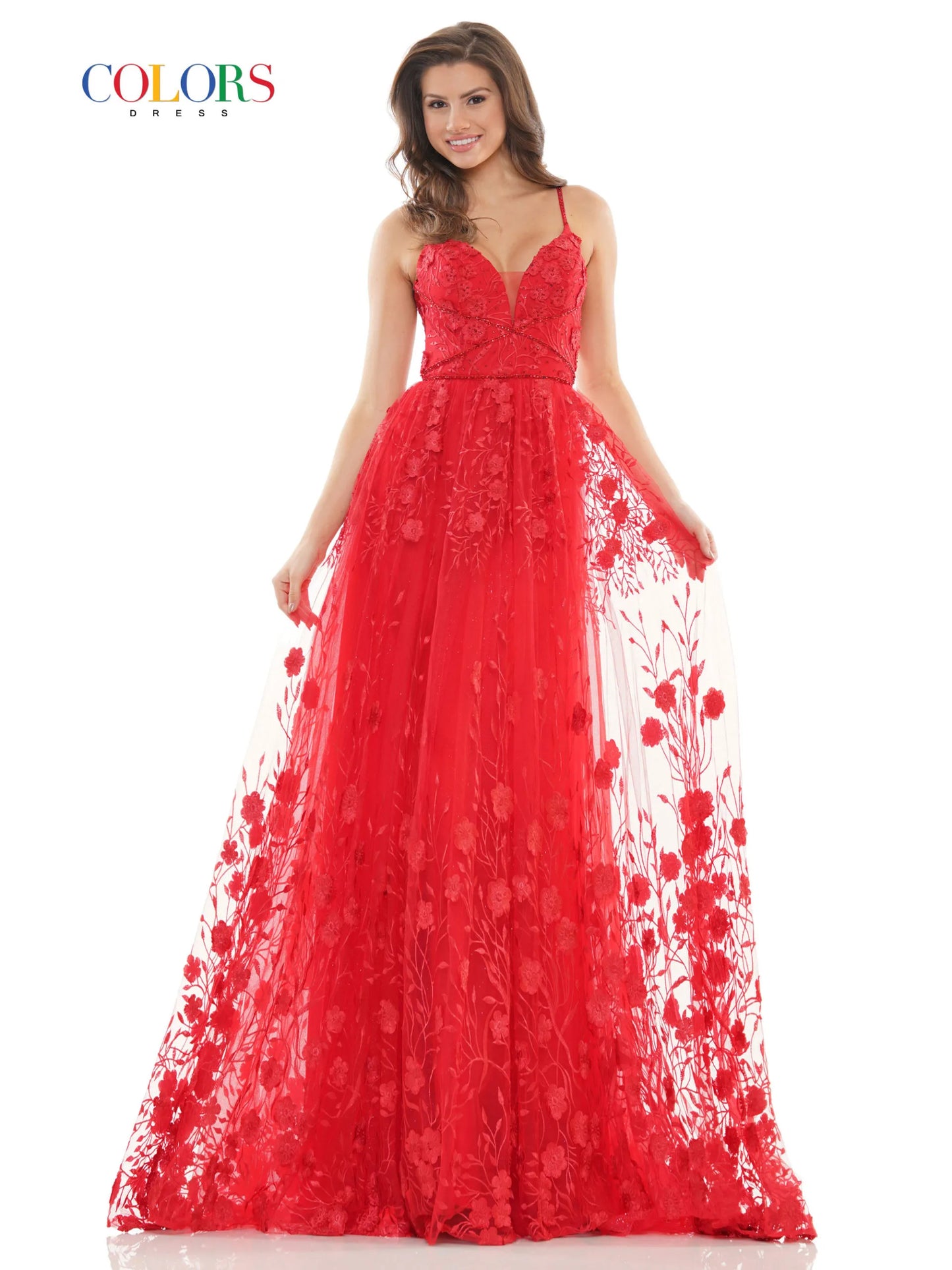 Elevate your prom night style with our Colors Dress 2726. This long prom dress features a corset top, embroidered mesh, and stunning 3D flower appliques. Made for formal events and pageants, this gown will make you stand out with its intricate design and expert craftsmanship.