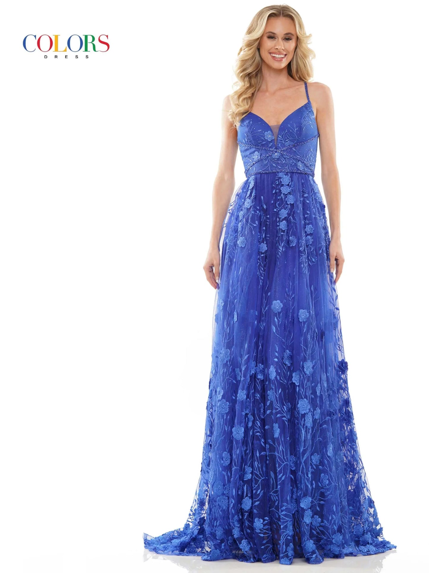Elevate your prom night style with our Colors Dress 2726. This long prom dress features a corset top, embroidered mesh, and stunning 3D flower appliques. Made for formal events and pageants, this gown will make you stand out with its intricate design and expert craftsmanship.