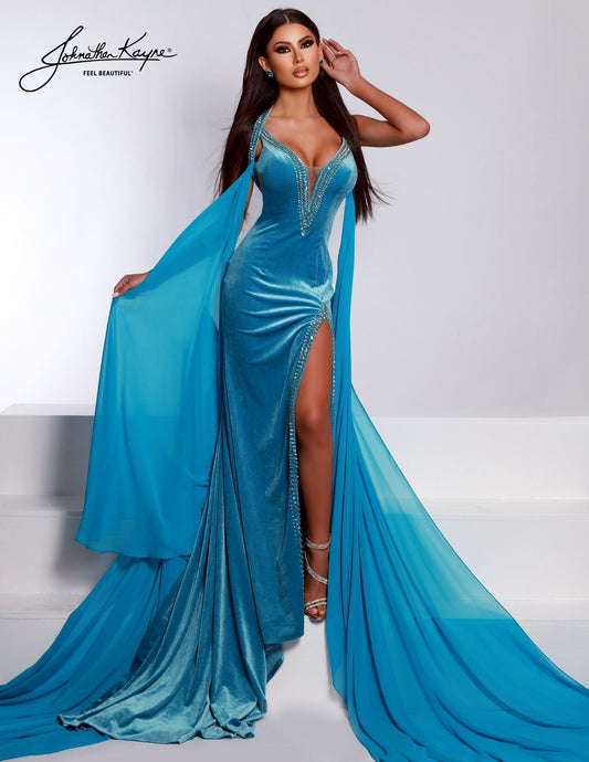 Look stunning in the Johnathan Kayne 2731 dress. Crafted from plush velvet with stretch sequins and a chiffon mesh overlay, this glamorous gown features a flattering V-neckline, a slit in the skirt, and a sparkling sequined waistband. Make an unforgettable entrance at your next special event.     Sizes:00,0,2,4,6,8,10,12,14,16  Colors: Black, Ocean , Rose 