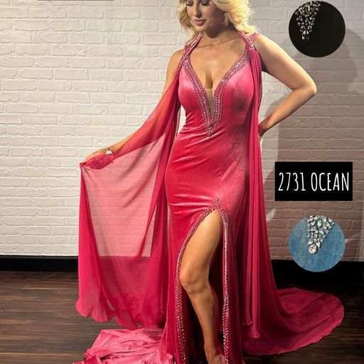 Johnathan Kayne 2731 Velvet stretch sequin v neck chiffon mesh sequin slit dress  Beautiful long Velvet stretch gown with sequin v neck , sequin slit and chiffon cape .  Sizes:00,0,2,4,6,8,10,12,14,16  Colors: Black, Ocean , Rose 