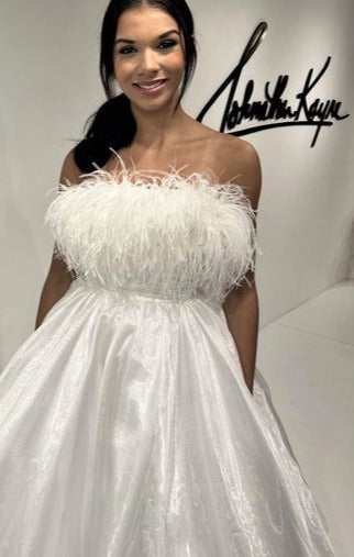 Johnathan Kayne 2739 strapless feathered long organza satin lining dress   Beautiful strapless Feathered long Satin gown   Sizes: 00,0,2,4,6,8,10,12,14,16  Colors: White 