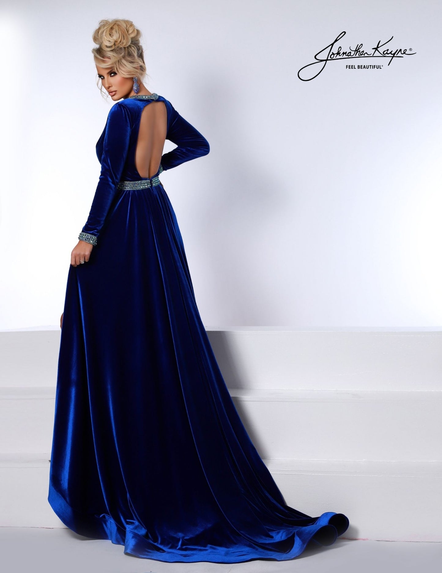 Johnathan Kayne 2742 V neckline evening gown long sleeve stretch velvet maxi slit dress crystal trim