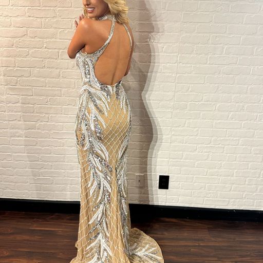 Johnathan Kayne 2755 Halter sequin neck stretch lining mesh long gown   Elegant Sequin, Halter neck , Sequin fitted long gown   Sizes: 00,0,2,4,6,8,10,12,14,16  Color: Aqua, Nude/Ivory 