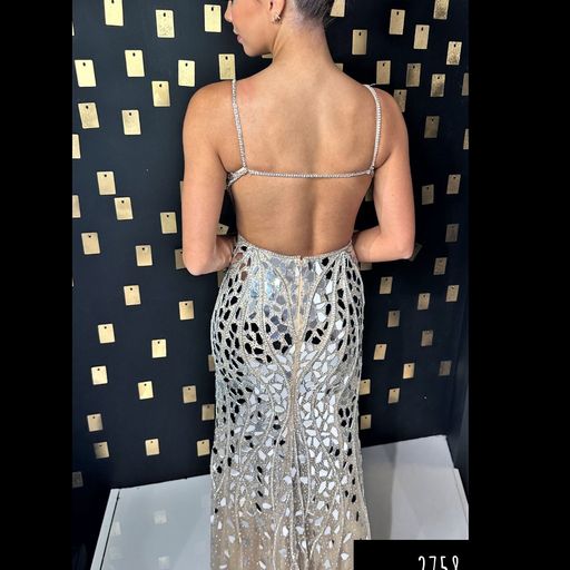 Johnathan Kayne 2758 long v neck open back broken glass stretch lining mesh dress   Beautiful mesh v neck, open back , broken glass , maxi slit long sequin gown   Sizes: 00,0,2,4,6,8,10,12,14,16  Color: Nude/Silver, Purple, Royal 