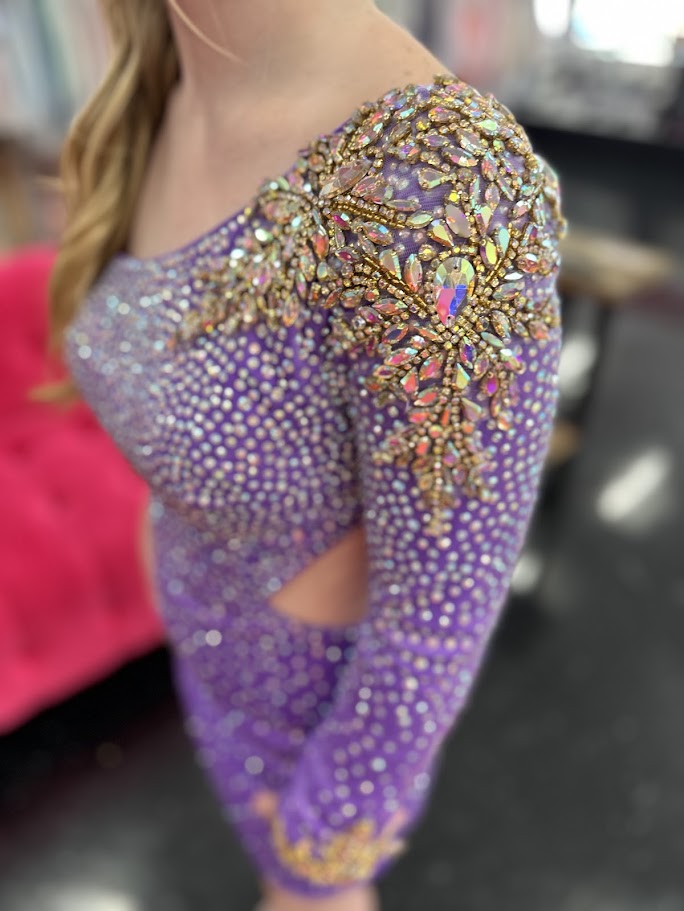 Johnathan Kayne 2762 short velvet cocktail dress one shoulder long sleeve stretch velvet crystals throughout homecoming dress AB crystal shoulder and wrist details.

sizes: 2, 6

Color: Violet&nbsp;