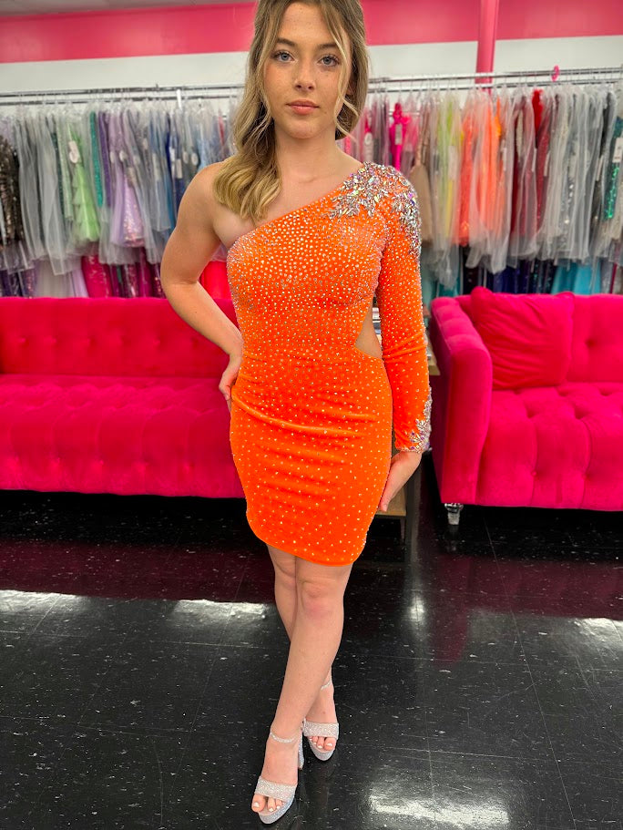 Johnathan Kayne 2762 short velvet cocktail dress one shoulder long sleeve stretch velvet crystals throughout homecoming dress AB crystal shoulder and wrist details.

sizes: 8

Color: Neon Orange