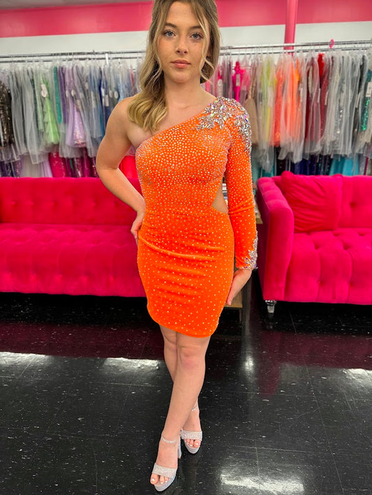 Johnathan Kayne 2762 short velvet cocktail dress one shoulder long sleeve stretch velvet crystals throughout homecoming dress AB crystal shoulder and wrist details.

sizes: 8

Color: Neon Orange