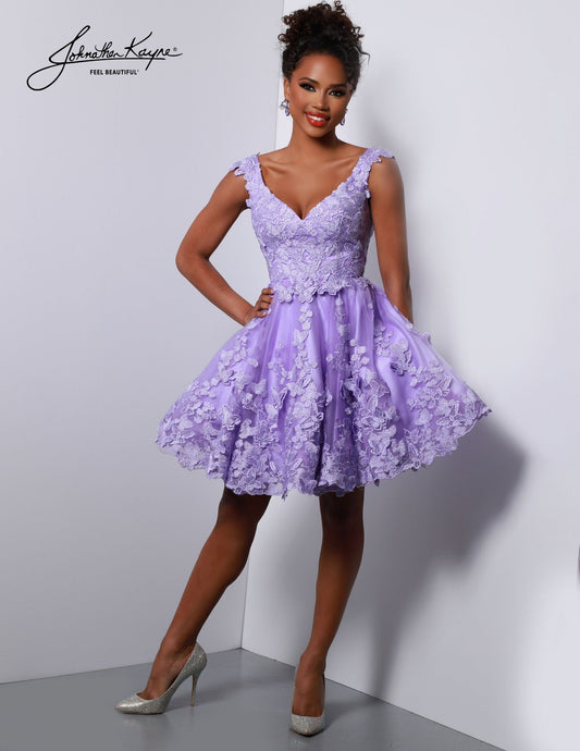 Johnathan Kayne 2772 3D embroidered lace mesh satin lining Short Homecoming dress  Look dazzling in Johnathan Kayne 2772, a 3D embroidered lace mesh Homecoming dress with a stunning satin lining. This classic design is perfect for any special occasion.  Sizes: 00,0,0,2,4,6,8,10,12,14,16  Colors: Lilac, Red