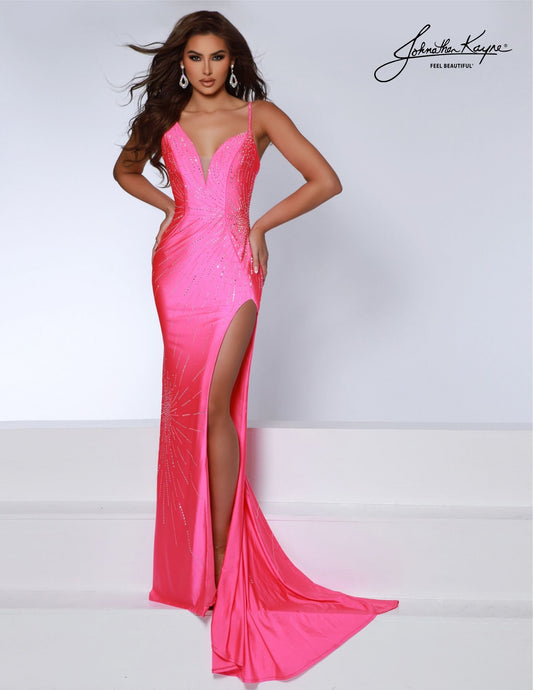 This Johnathan Kayne 2805 is perfect for any formal occasion. This stunning dress is adorned with stunning sequins, featuring a plunging V-neck, a long train, and an optional slit. This luxurious gown will make you the center of attention. The gown is also ideal for pageant events, with its eye-catching design and luxurious silhouette. Step into the limelight and radiate like a star with this jaw-dropping 4 Way Stretch Lycra dress. 