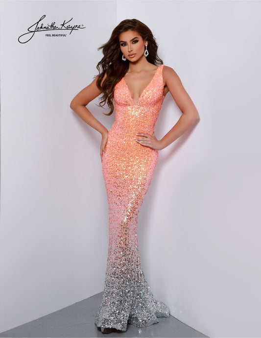 Look your best at any formal occasion in this Johnathan Kayne 2814 Long Prom Dress. With features such as a mermaid silhouette, v-neck, and sequin bodice, this dress is perfect for prom or any special event. An open back completes the look, allowing you to show off your style. Look stunning in this beautiful gown.
