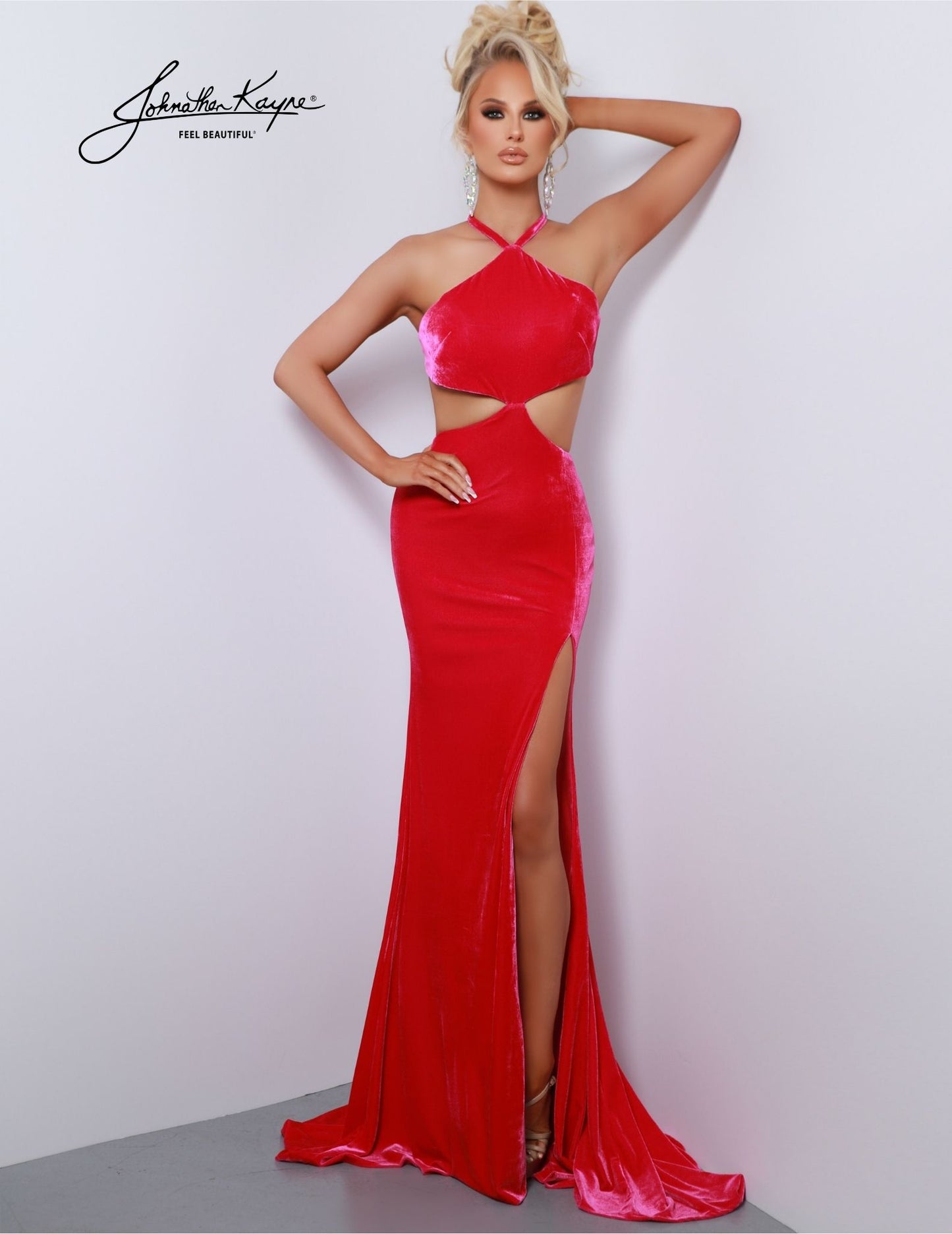 Johnathan Kayne 2816 Long Prom Dress Velvet side cut-outs and Backless Formal Gown Pageant