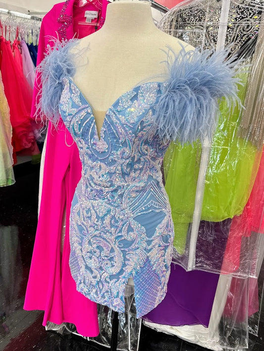 Ava Presley's 28212 Short Fitted Sequin Cocktail Dress exudes elegance with its off-the-shoulder silhouette and feather detail. The backless lace up corset V neck creates an unforgettable look for any formal occasion. Slit in skirt.  Color: Iridescent Light Blue  Size: 16   