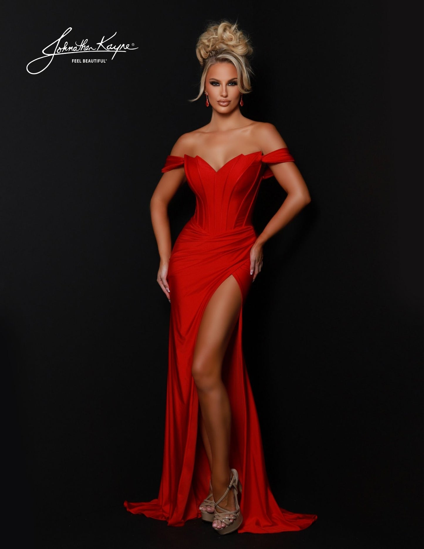 Introducing the Johnathan Kayne 2823 Prom Dress - an elegant, full-length evening gown designed to make a statement. The off-shoulder neckline, boning, and high slit V-neck the luxurious fabric and detailing provide an eye-catching finish. Perfect for any formal occasion, this stunning dress will leave you feeling confident and unforgettable. A timeless beauty! 