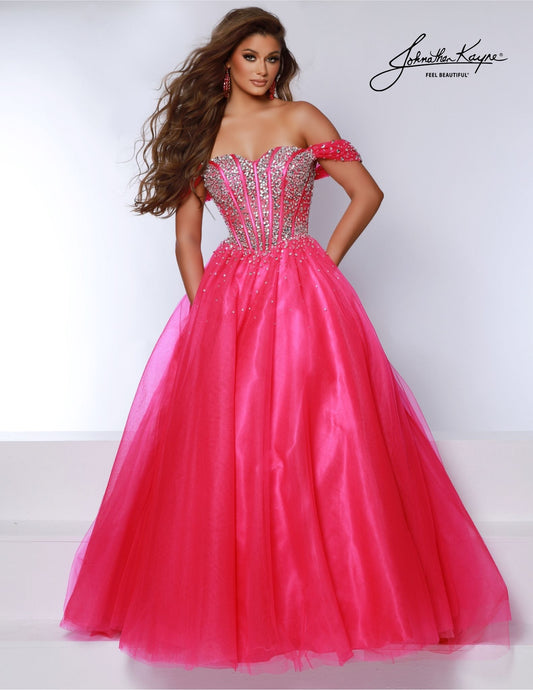 Johnathan Kayne 2825 is a regal and glamorous long prom dress featuring a beaded off-shoulder corset top and a cascading ballgown skirt. The corset top is embellished with sparkling beading, creating a sophisticated and elegant look. The long skirt is constructed with layers of tulle and lace, creating a stunning silhouette. Perfect for proms, pageants, and other formal occasions. Step into a world of regal beauty and modern sophistication with this off-the-shoulder ballgown. 