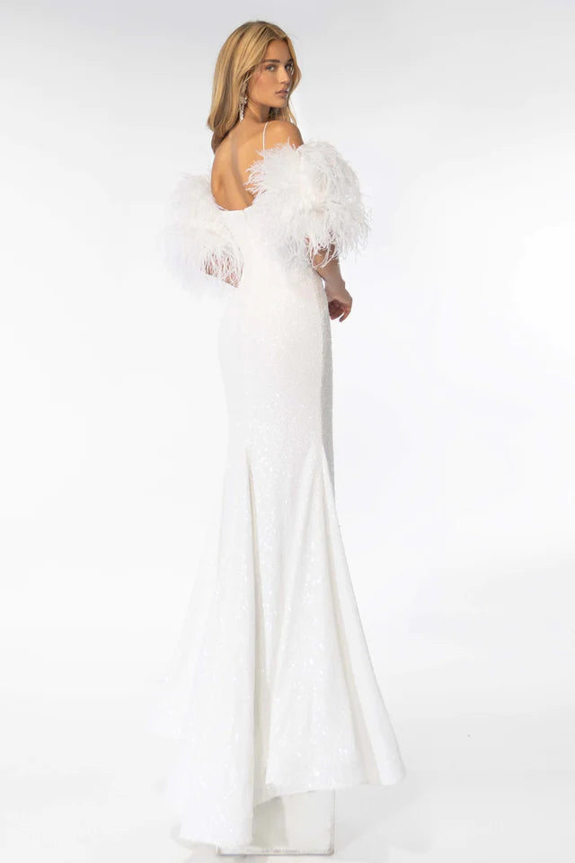 This elegant Ava Presley prom dress features a stunning all-over beaded design and detachable feather sleeves. Its floor-length slip design creates a dramatic and effortless silhouette, perfect for any formal occasion. Make a statement at your next event with this glamorous and versatile gown.