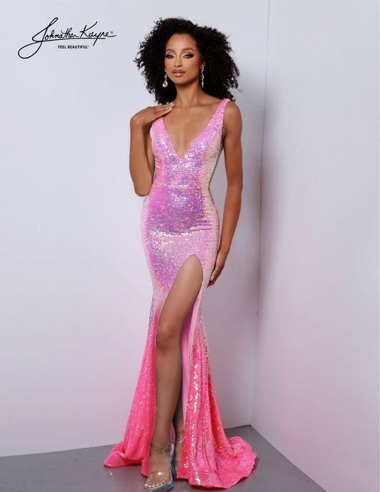 Be the belle of the ball wearing this Johnathan Kayne 2829 Long Prom Dress. It features a V neck and high slit, embellished with ombre sequins for extra sparkle. This formal pageant gown is perfect for your grand entrance. Sizzle and stun the room! Our Ombre Sequin Mesh gown featuring detachable feathered rhinestone chains and a slit will leave everyone talking at your next event!