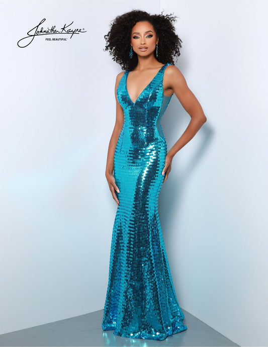 Look breathtaking in this dazzling Johnathan Kayne gown. Featuring sequin mesh, a fitted silhouette, a V-neckline, and an open back, this gown is perfect for prom or pageants. Timelessly elegant with a modern twist, this gown will make you stand out from the crowd. Shimmer and shine! Illuminate your presence at any event with this stunning sequin mesh gown. The fitted design is sure to accentuate your curves, creating a flattering silhouette that displays confidence and allure.