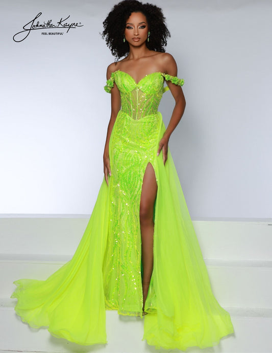 Experience elegance in the Johnathan Kayne 2834 Long Prom Dress. This exquisite dress features an off-shoulder sheer bodice, corset, beaded mesh sweetheart neckline and a form-fitting silhouette perfect for any pageant event. Feel confident and beautiful in this exquisite gown. Adorned with an intricate pattern of neon beads, this beaded mesh gown shines like a supernova, creating a mesmerizing, radiant effect that's sure to dazzle the crowd.
