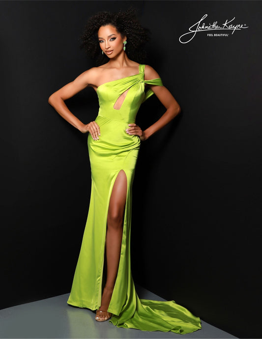 Look stunning in this Johnathan Kayne 2838 Long Prom Dress. This dress features an asymmetrical one-shoulder neckline, front cut-out, open back, and a floor-length tail. The perfect combination of style and elegance for your formal occasion. Refine elegance with our Poly Charmeuse One-Shoulder Gown featuring a keyhole cut-out bodice. 
