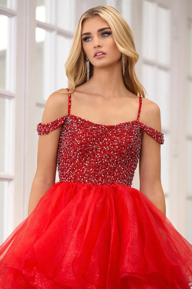 The Ava Presley 28557 Long Prom Dress is the perfect choice for any formal event. With its spaghetti straps, off-shoulder design, and layered organza skirt, this gown exudes elegance and sophistication. The beaded detailing adds a touch of luxury, making you feel like a true pageant queen. You'll turn heads and make a statement in this stunning dress.