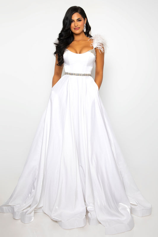 This classic ballgown from Ava Presley is crafted from lightweight fabric with off-the-shoulder feather straps. Featuring a fitted bodice and full A-line skirt, this elegant dress is perfect for formal occasions. Step out in style with this timeless formal gown.  Sizes: 4  Colors: White