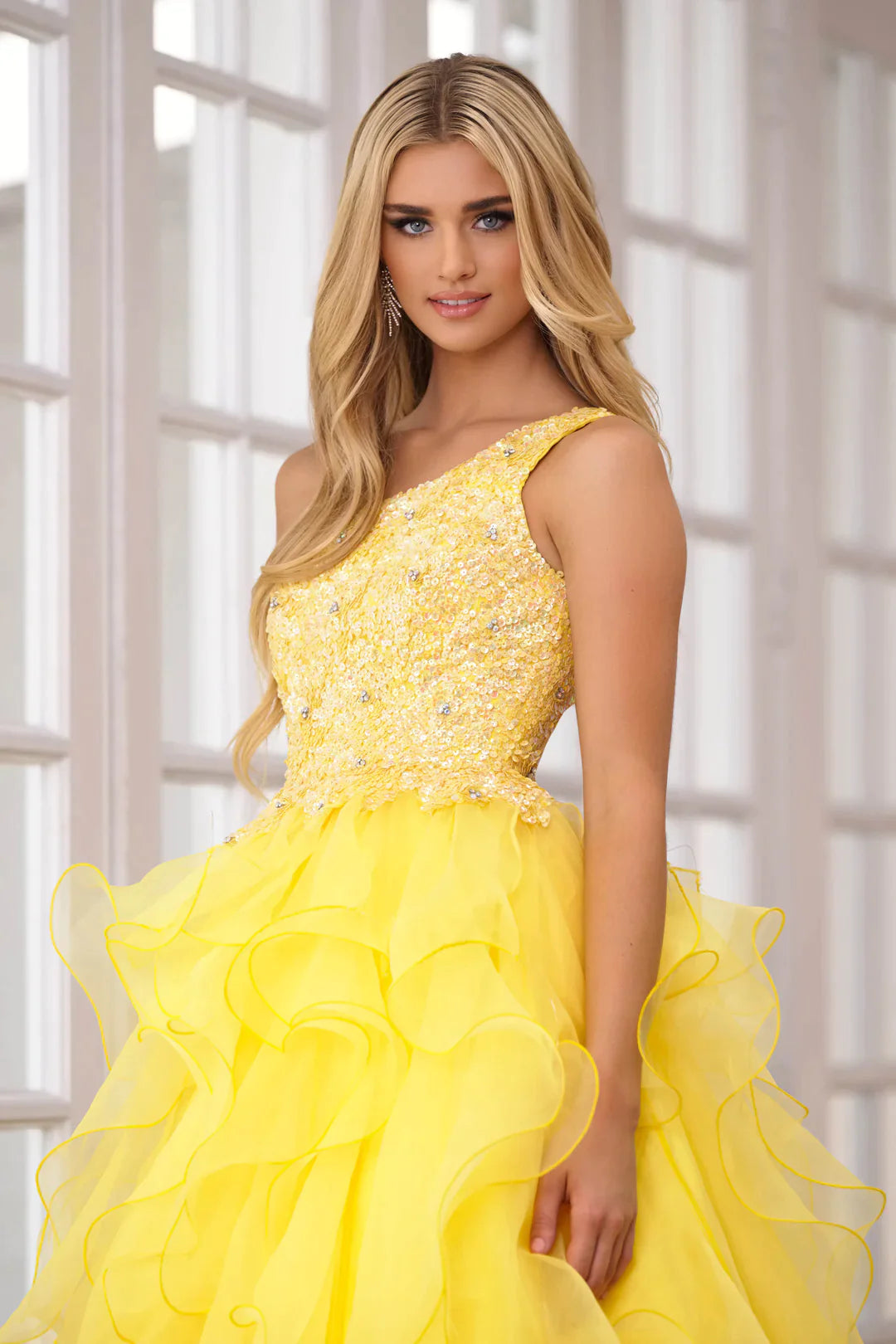 Ava Presley 28576 Size 2 Yellow Long Prom Dress One Shoulder Sequin Bodice Layered Organza Skirt Formal Pageant Gown