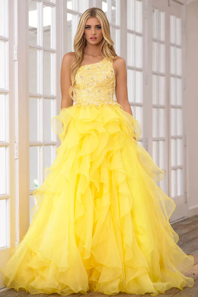 Ava Presley 28576 Size 2 Yellow Long Prom Dress One Shoulder Sequin Bodice Layered Organza Skirt Formal Pageant Gown