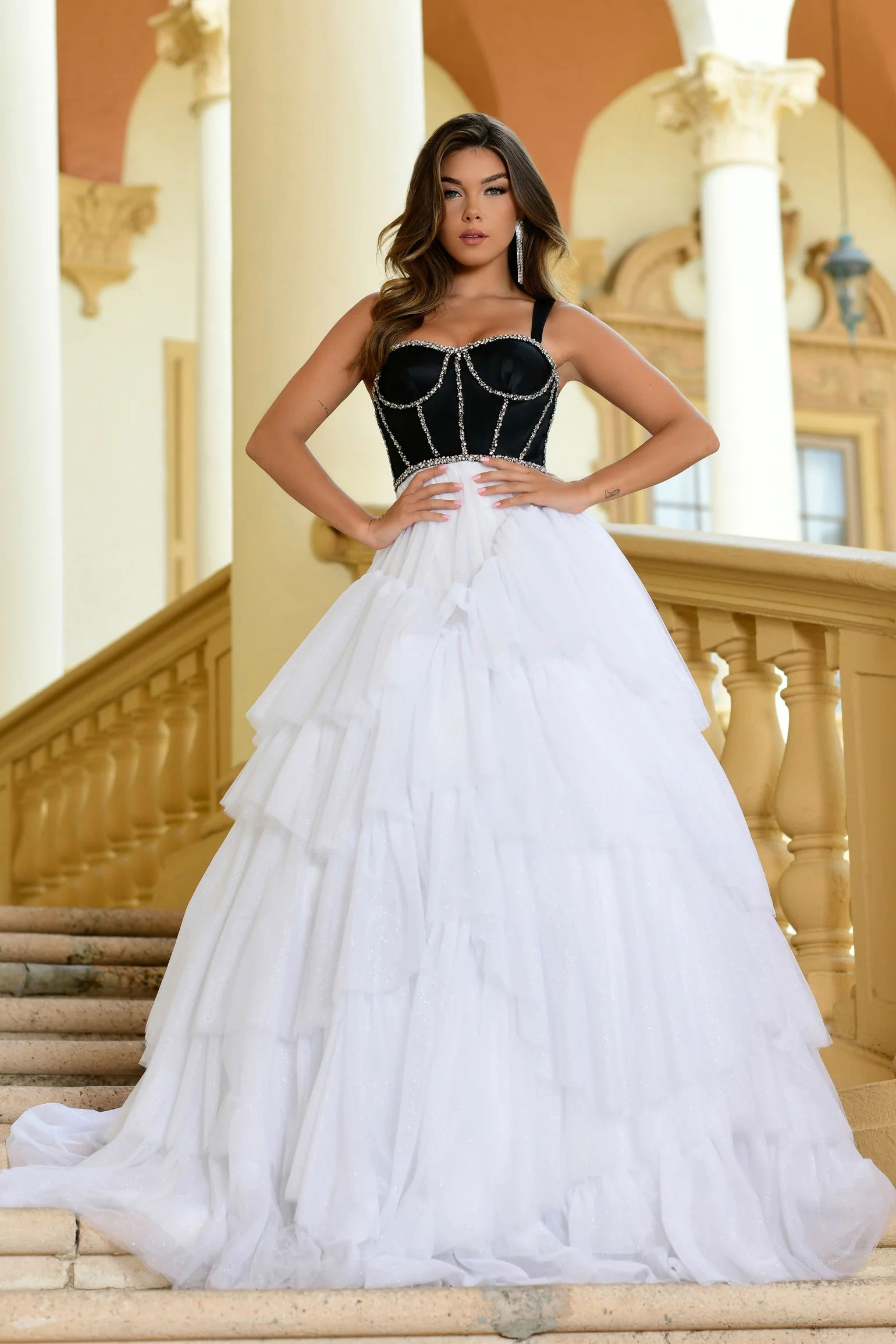 open lace back dress Plunging Silver Sequin White Feather Long Train Mermaid Prom Dress