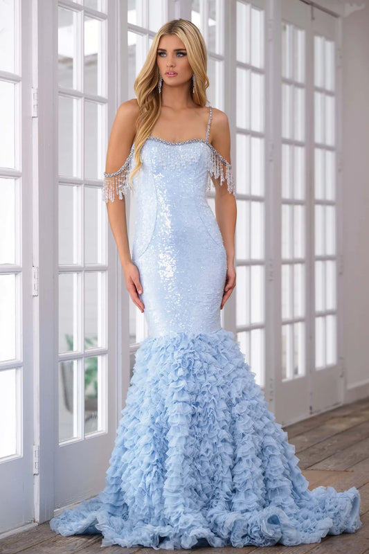 Mermaid prom dress clearance with ruffle train