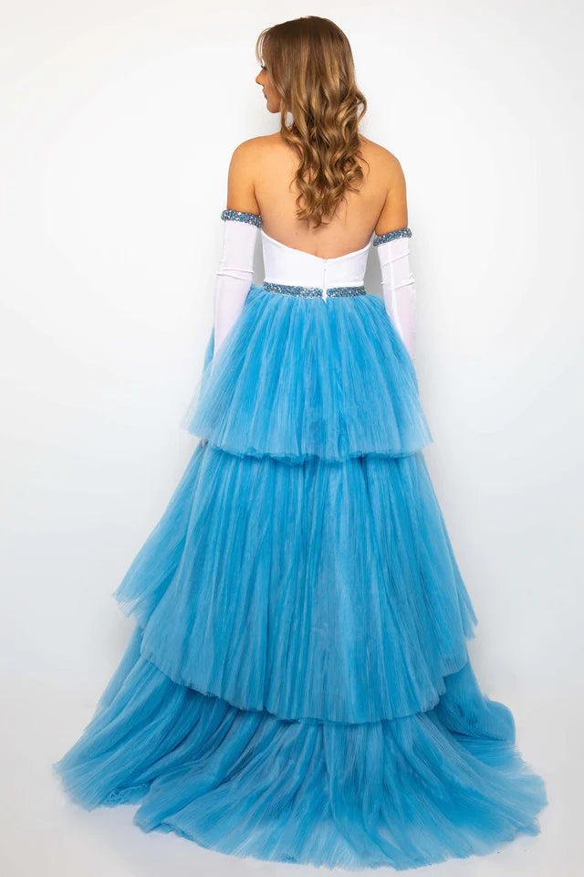 Expertly crafted and designed to make you stand out, the Ava Presley 28601 Prom Dress is a dreamy and elegant choice. The strapless sweetheart neckline paired with a high low organza skirt creates a unique silhouette. Complete the look with included crystal trim gloves for a touch of sophistication. Perfect for prom, pageants, or any formal occasion.