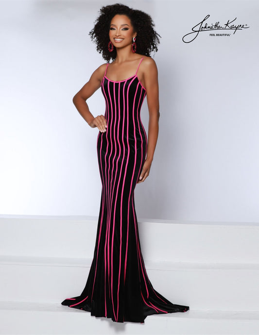 Experience the perfect combination of feminine chic and classic elegance with Johnathan Kayne's 2863 Long Fitted Prom Dress. Crafted from luxury velvet with an eye-catching corset back, this flattering fitted gown is perfect for pageants and formal events. Sleek & stunning! Indulge in sophistication and comfort in this stripped stretch velvet fitted gown. Crafted with meticulous attention to detail, this dress is designed to make you feel exceptional and stylish on any occasion.
