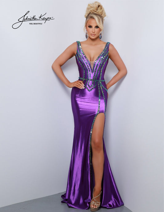 Look stunning at your next special event in the Johnathan Kayne 2867 dress. This gorgeous prom dress features a sheer deep V-neckline, beaded embellishments, and high side slit to show off your legs. The perfect formal gown for prom, pageants, or any special occasion. Raise eyebrows, drop jaws. Elevate your style and command attention in this Shiny 4 Way Stretch Lycra gown. The daring slit will ensure all eyes are on you.