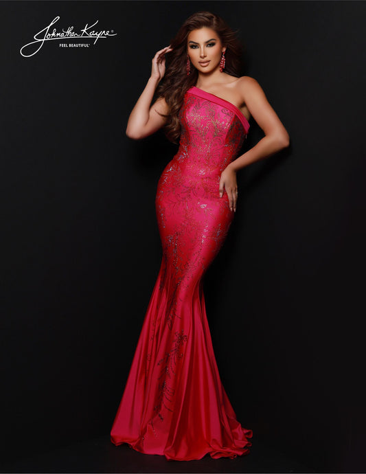This Johnathan Kayne 2872 Long Prom Dress is designed to be impactful and stylish. The one shoulder beaded bodice. The mermaid train skirt flows to a dramatic finish. A perfect statement dress for the most special of occasions. You're ombre-viously dressed to impress in this one-shoulder gown! Crafted from 4 Way Stretch Lycra, this fit and flare gown is a vision of elegance. Don't forget to showcase off the back featuring the elegant cut outs.