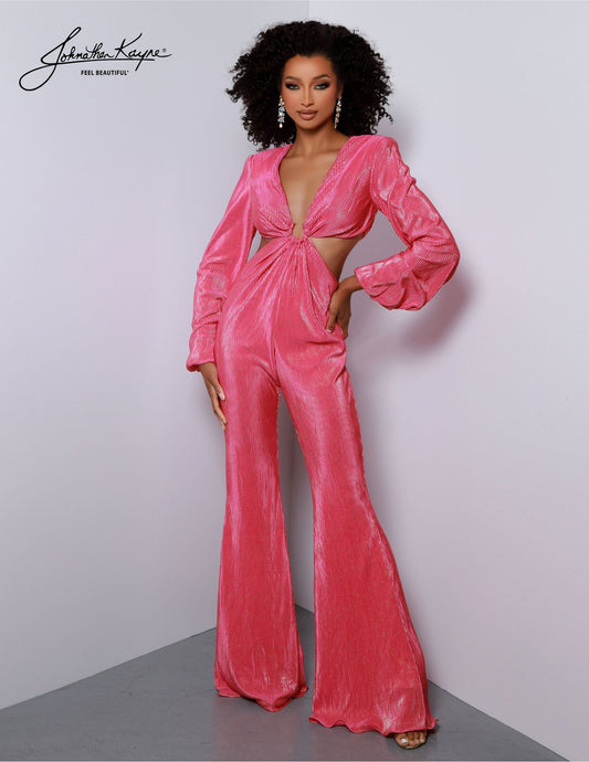 Make a statement in the Johnathan Kayne 2884 Prom Jumpsuit. Crafted from a metallic pleated fabric, this formal jumpsuit features cutouts at the waistline, a plunging neckline, and a wide-leg pant-leg. This jumpsuit is sure to turn heads and have you looking your best. Demand attention when walking into a room in this stunning Metallic Printed jumpsuit. 