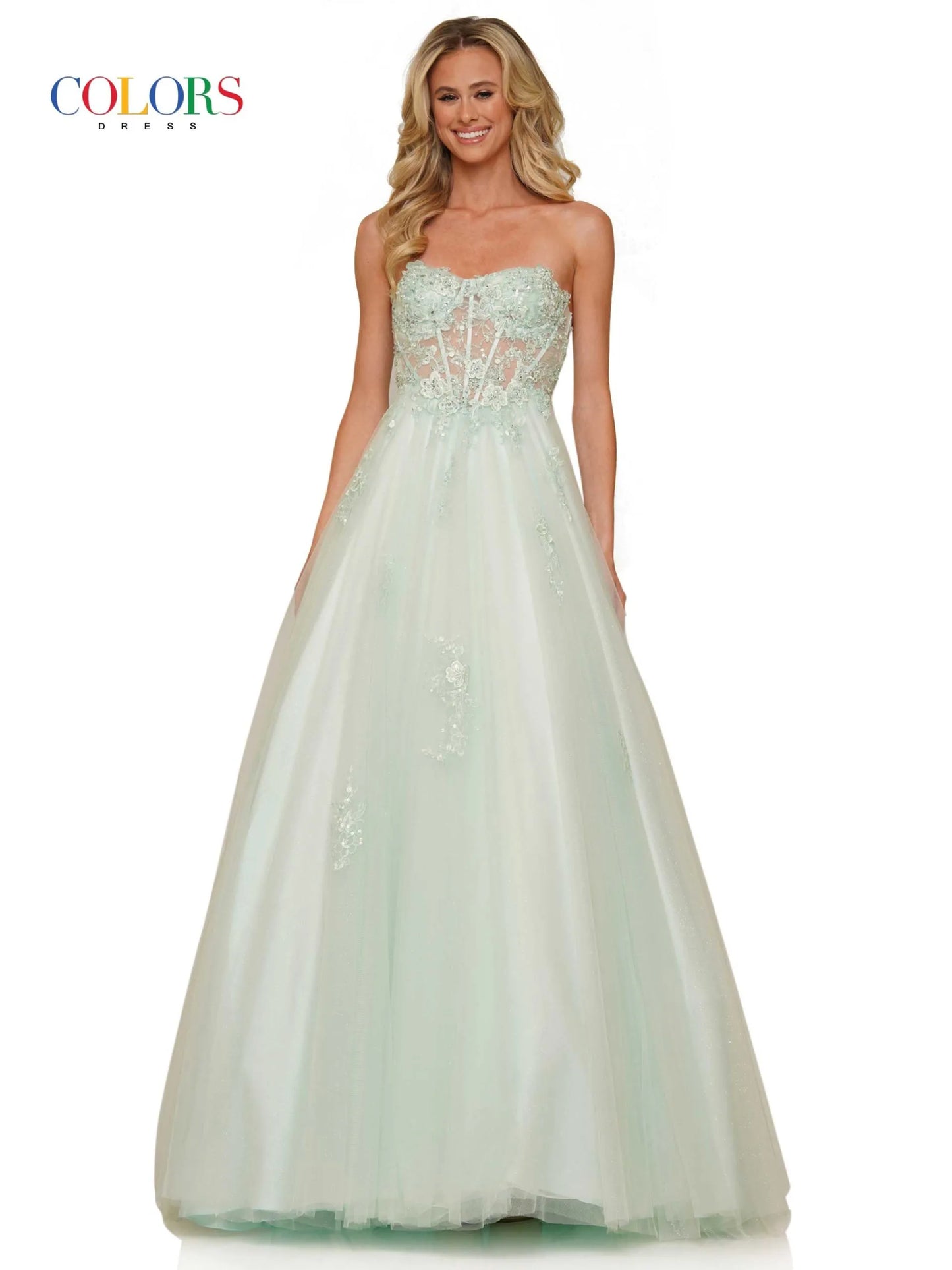 Elevate your formal look with the Colors Dress 2898 Long Prom Dress. This A-line gown features a corset bodice for a flattering fit, while the tulle and lace applique add a touch of elegance. Perfect for prom or pageants, this dress will make you stand out in style.