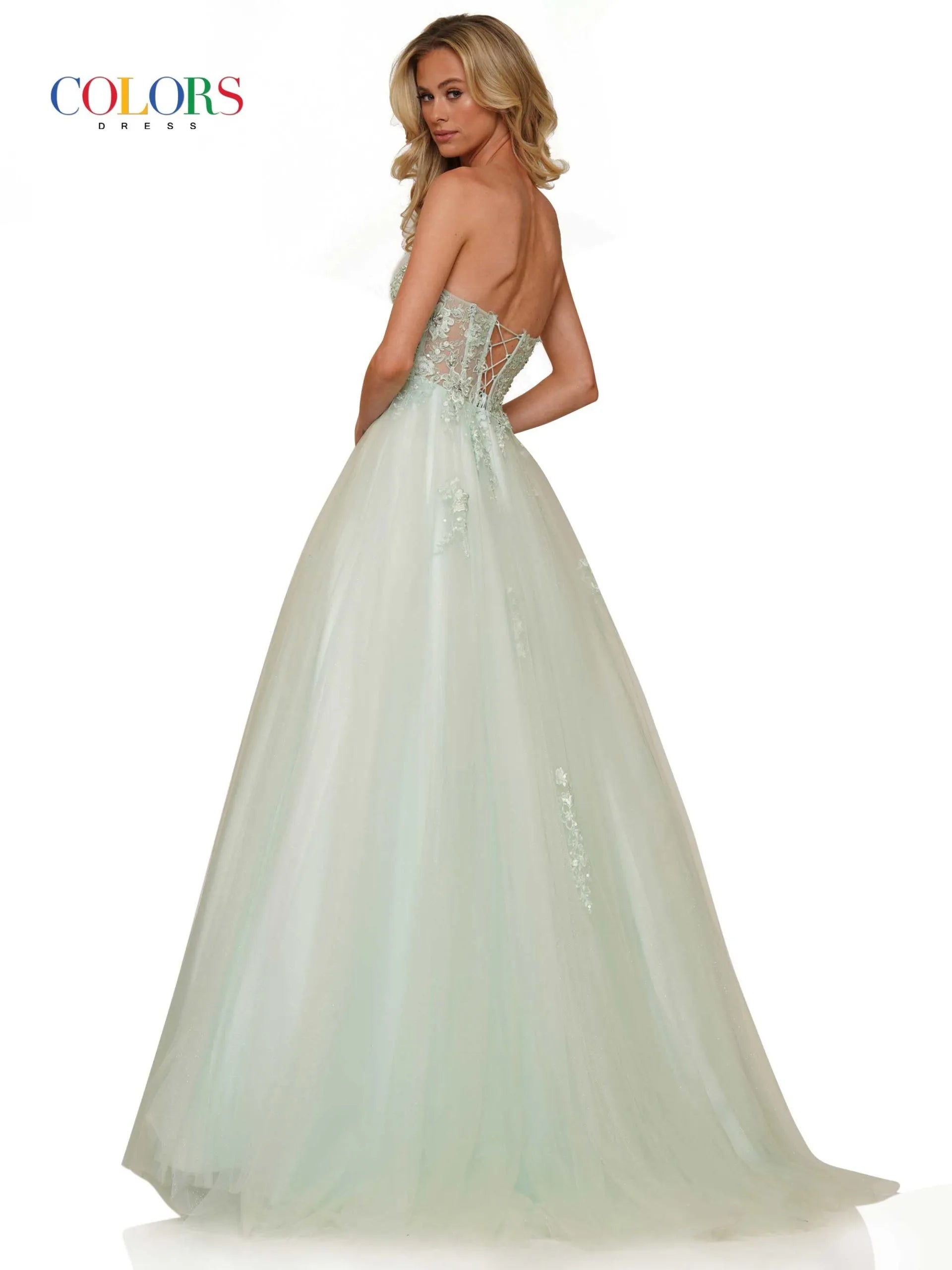 Elevate your formal look with the Colors Dress 2898 Long Prom Dress. This A-line gown features a corset bodice for a flattering fit, while the tulle and lace applique add a touch of elegance. Perfect for prom or pageants, this dress will make you stand out in style.