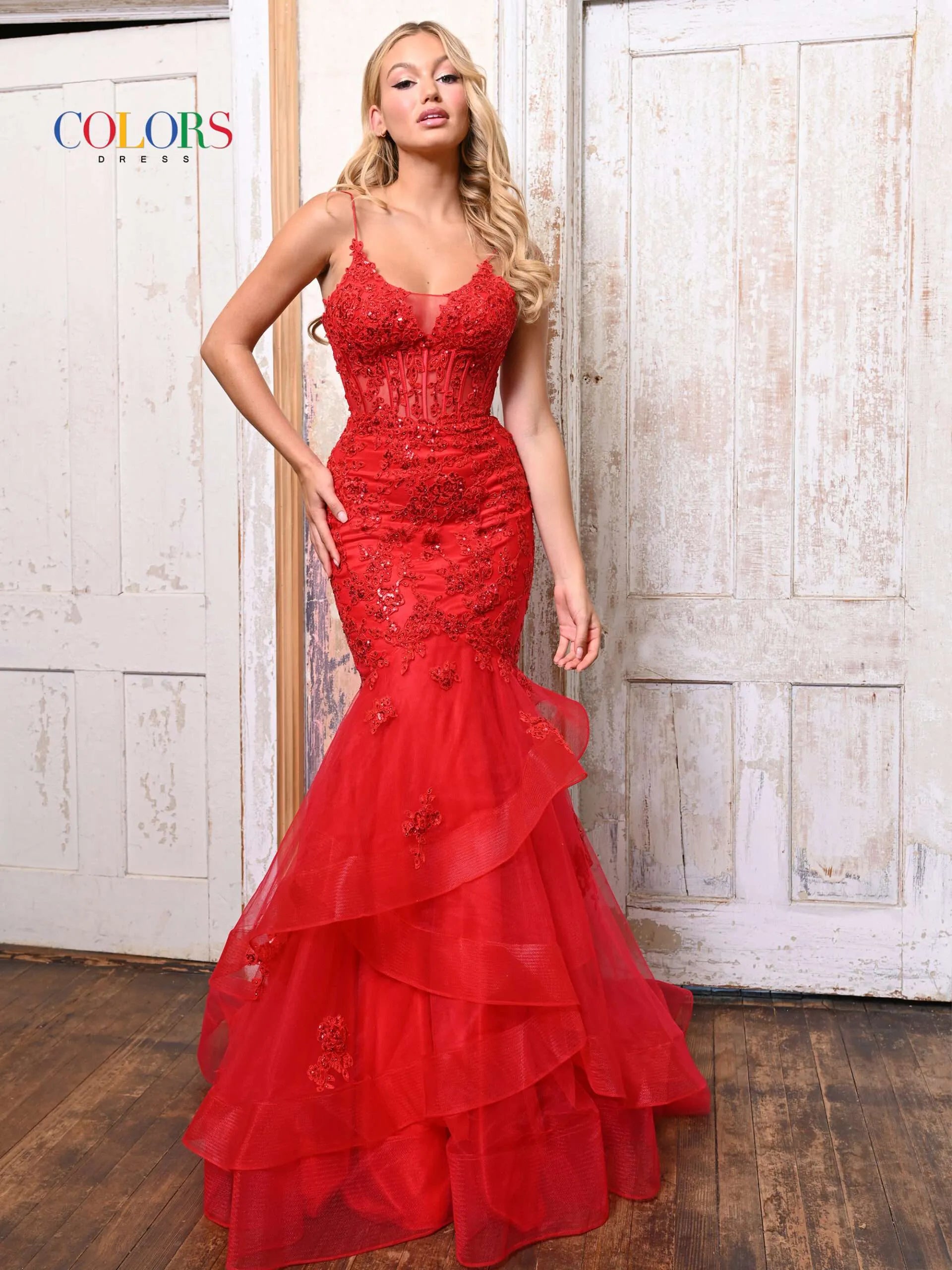 Colors Dress 2899 Long Prom Dress Fitted Mermaid Corset Lace Applique  Layered Tulle Formal Pageant Gown