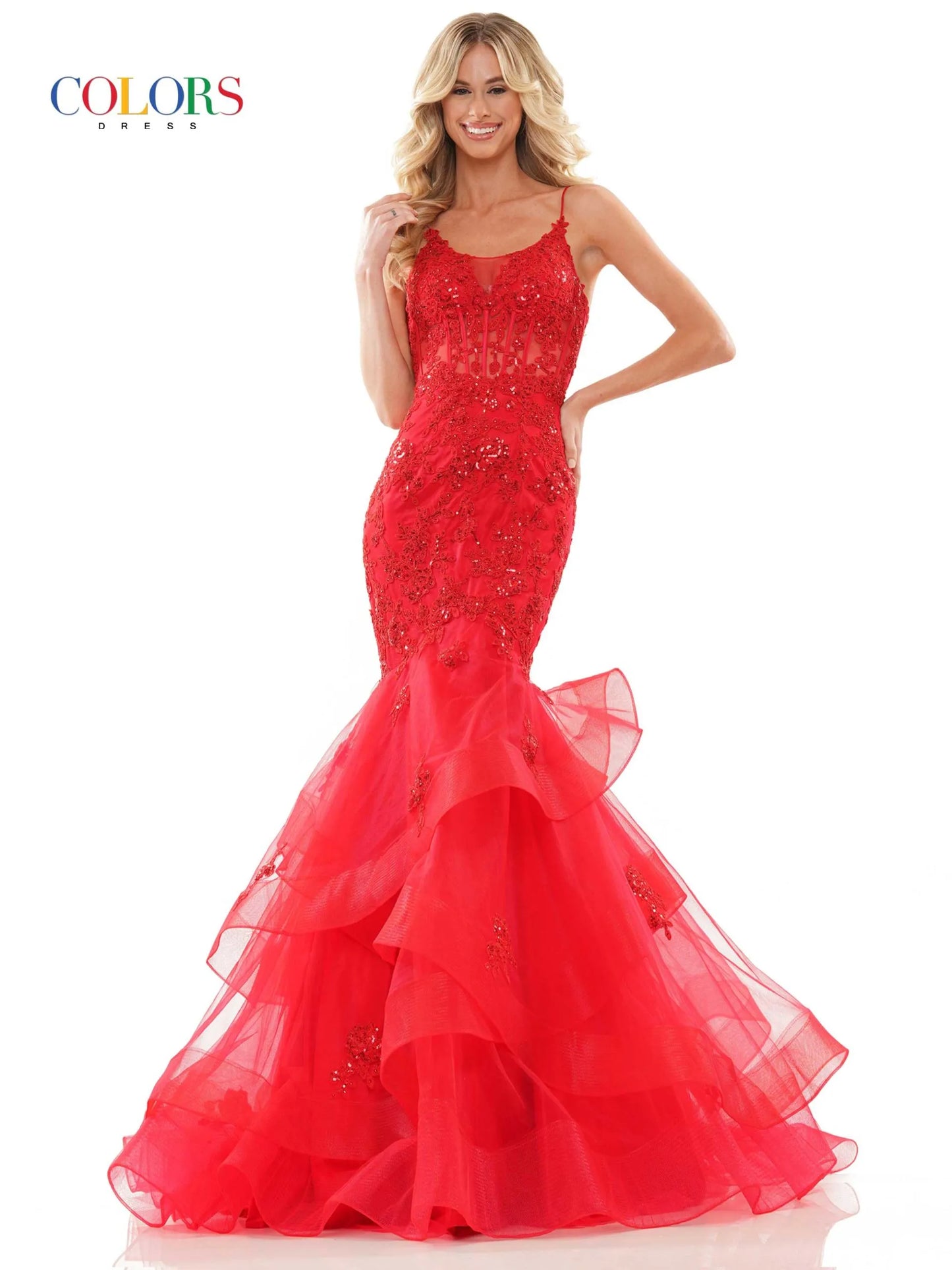 This Colors Dress 2899 Long Prom Dress is designed to flatter your figure with its fitted corset and lace applique details. The layered tulle adds a touch of elegance, perfect for formal events or pageants. Feel confident and beautiful in this stunning gown.