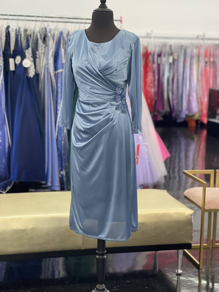 Nox Anabel 2908 Tea Length Long Sleeve Mother Of Formal Gown Wedding Guest Gown Modest 3/4 sleeves wrap waist with embellished accents. breathable silky fabric.  Sizes: 6 , 8, 10   Colors: Blue , Green , Purple